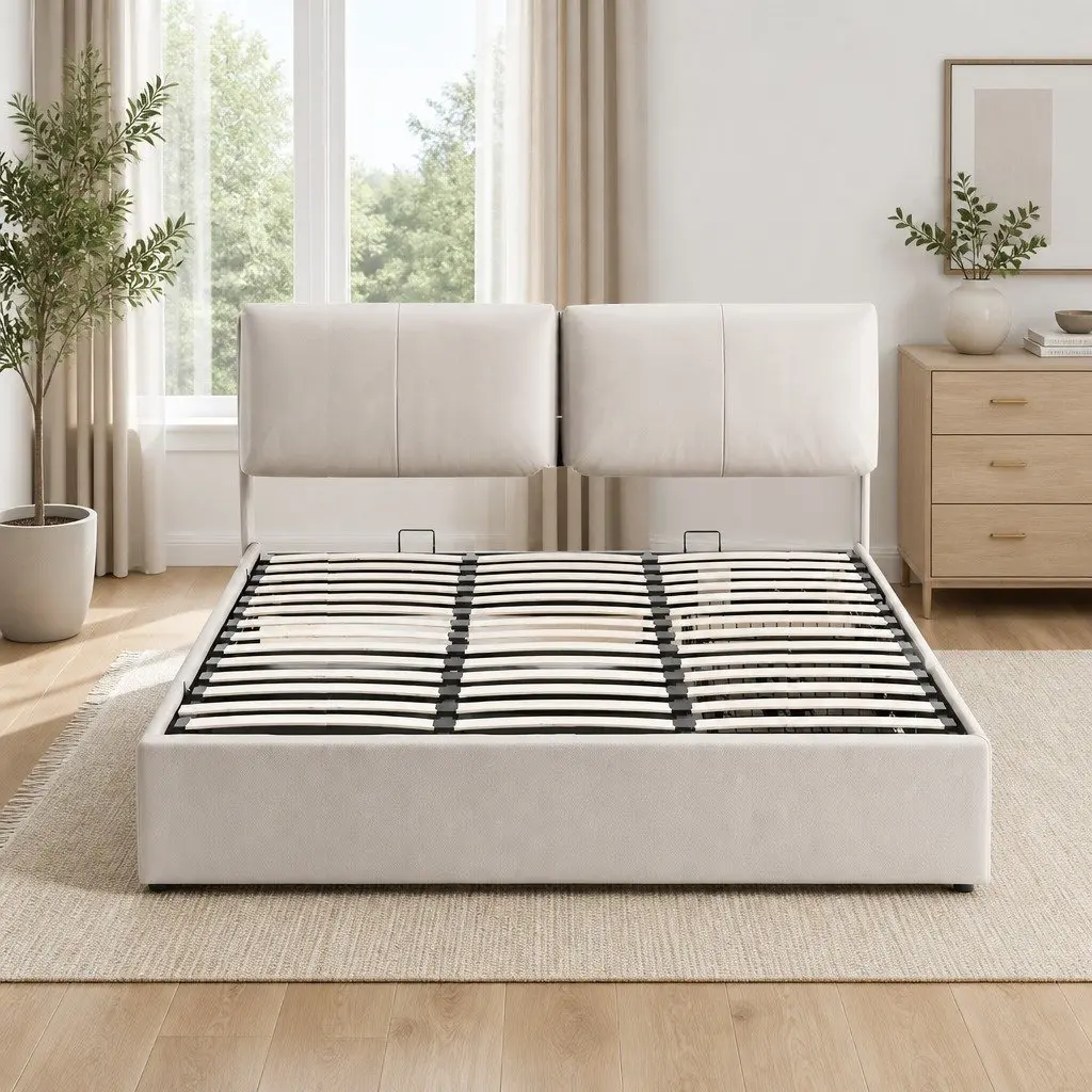 King Bed Frame Gas Lift Storage Adjustable Headboard 3 Drawers Beige