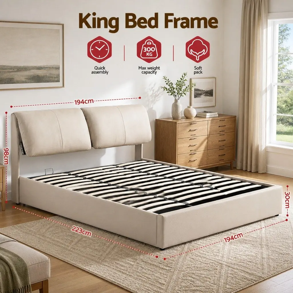 King Bed Frame Gas Lift Storage Adjustable Headboard 3 Drawers Beige