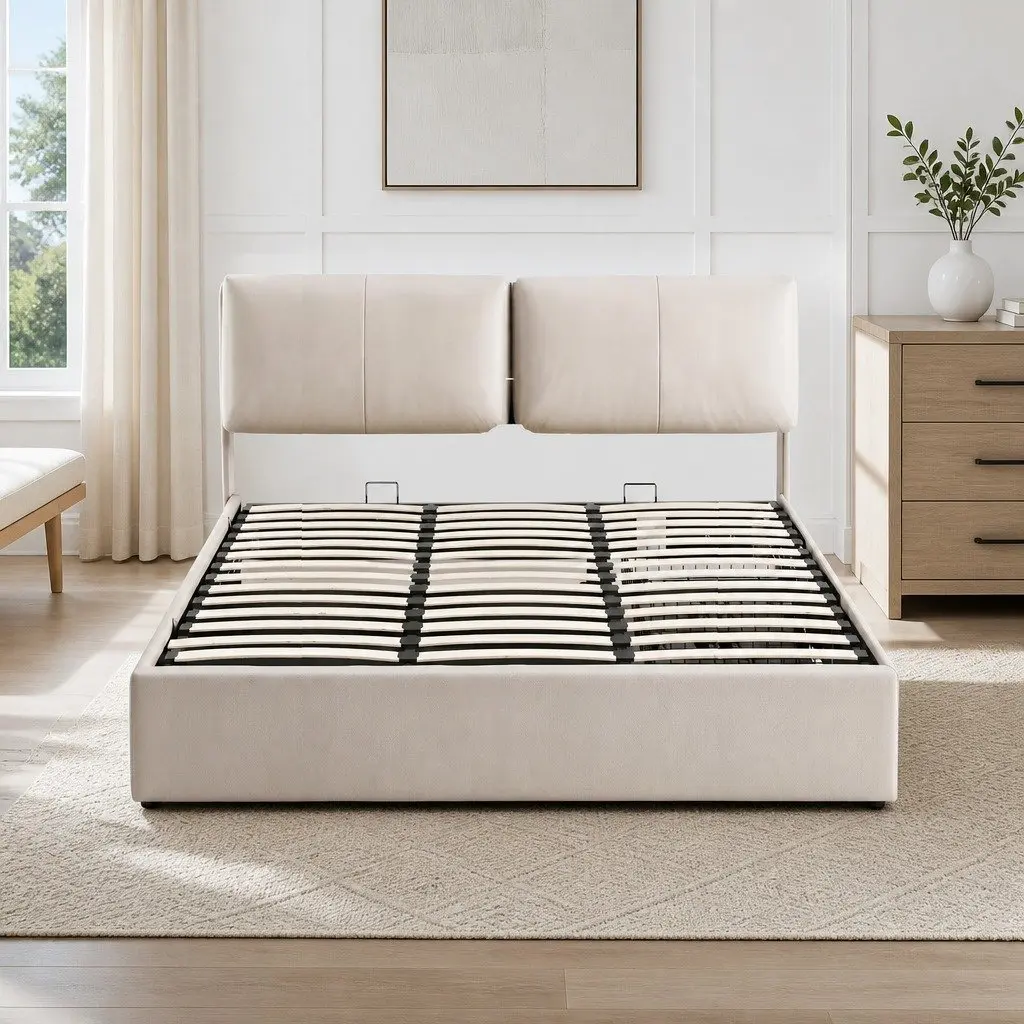 King Bed Frame Gas Lift Storage Adjustable Headboard 3 Drawers Beige