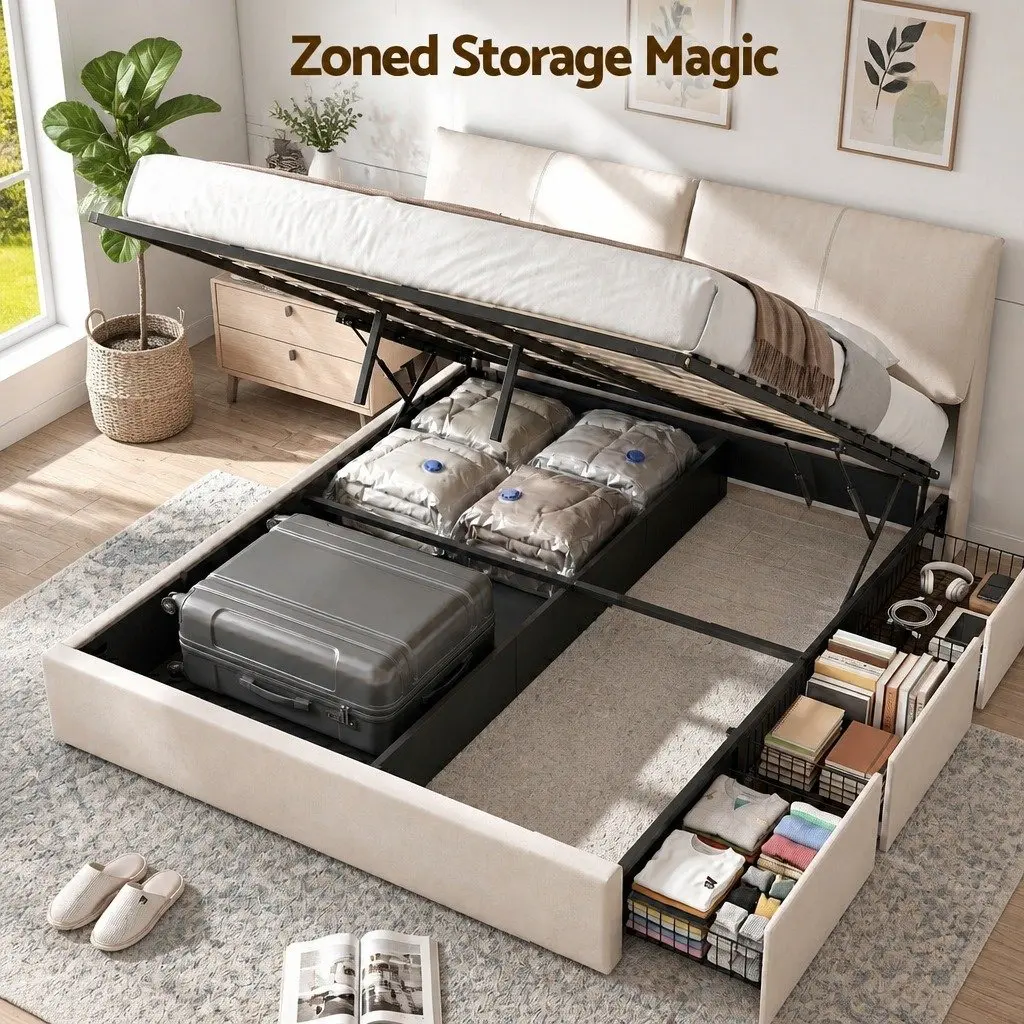 King Bed Frame Gas Lift Storage Adjustable Headboard 3 Drawers Beige