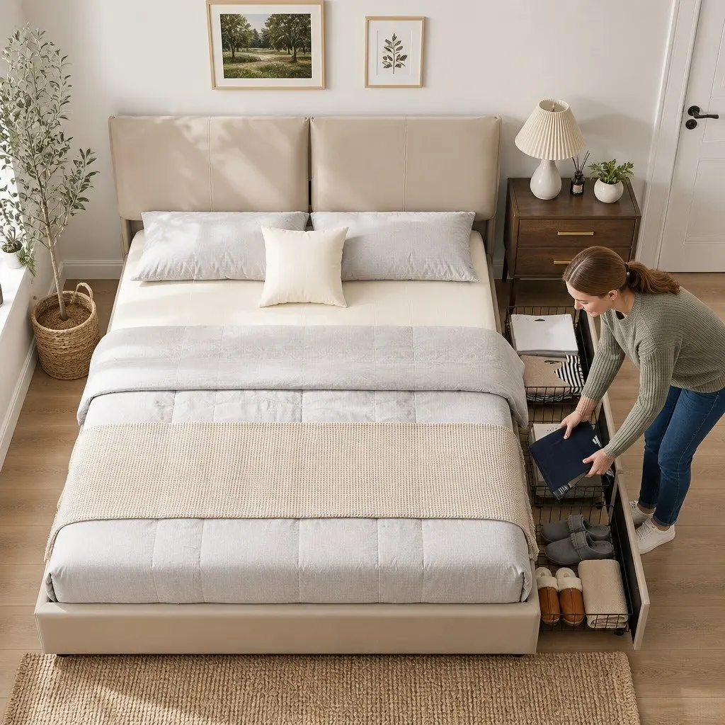 King Bed Frame Gas Lift Storage Adjustable Headboard 3 Drawers Beige