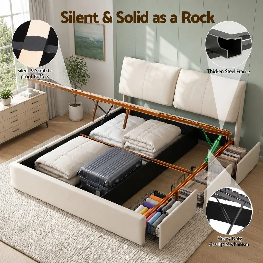 King Bed Frame Gas Lift Storage Adjustable Headboard 3 Drawers Beige
