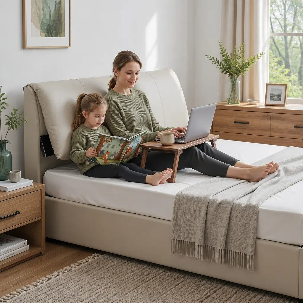 King Bed Frame Gas Lift Storage Adjustable Headboard 3 Drawers Beige