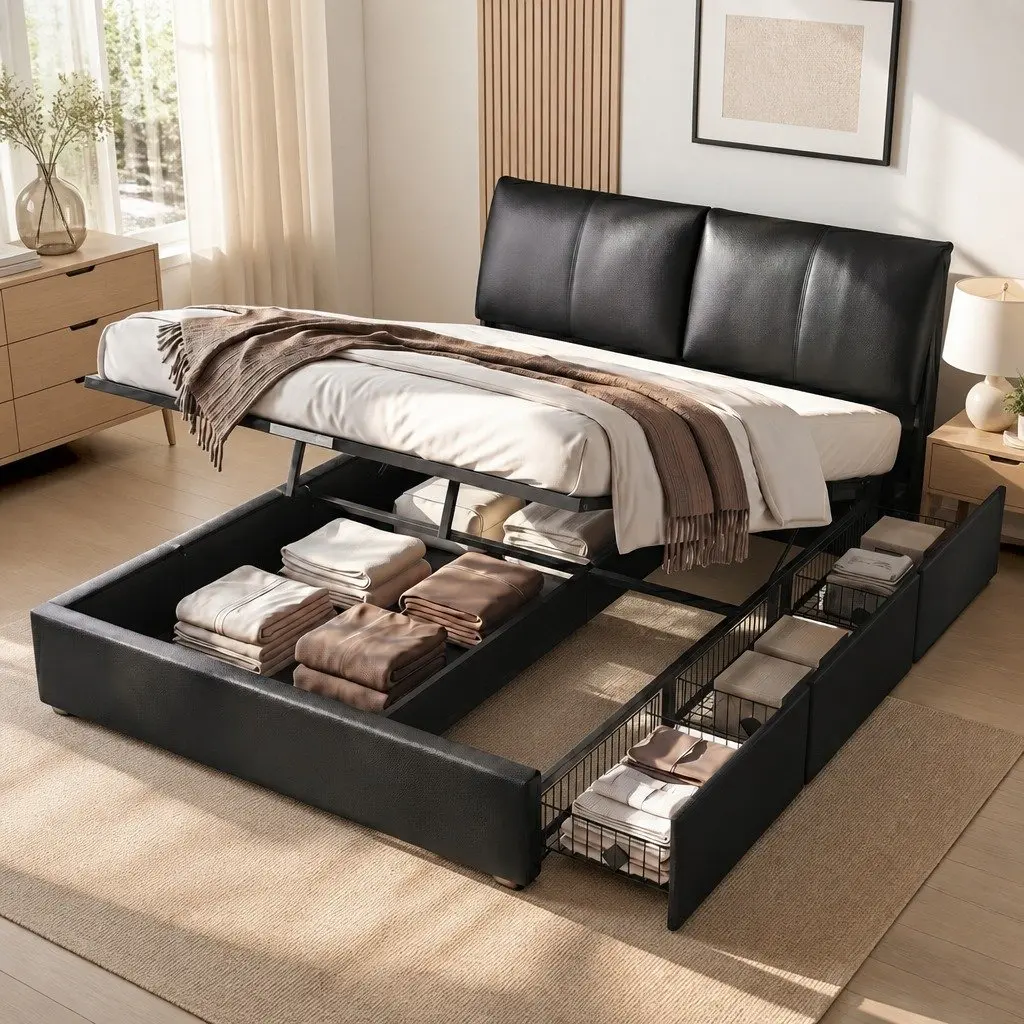 King Bed Frame with Adjustable Headboard and Storage