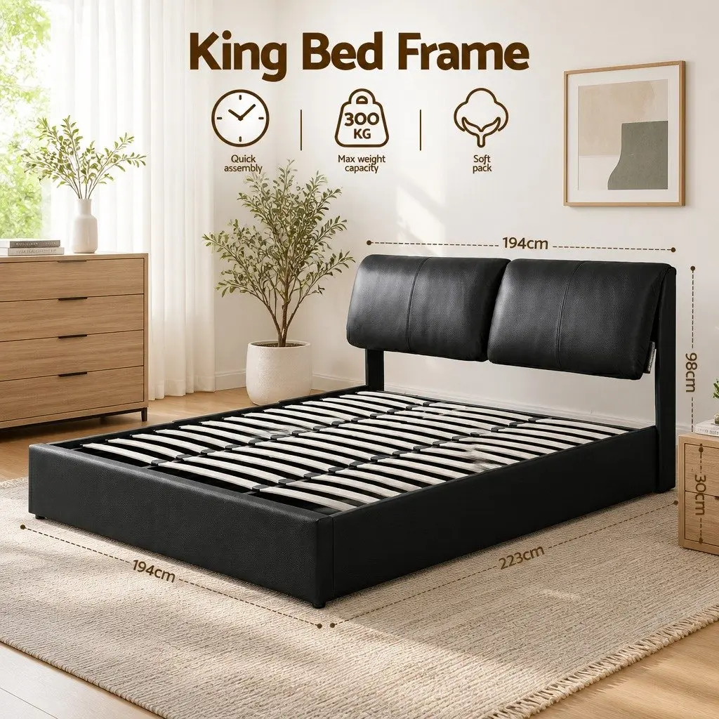 King Bed Frame Gas Lift Storage 3 Drawers Adjustable Headboard Platform Black