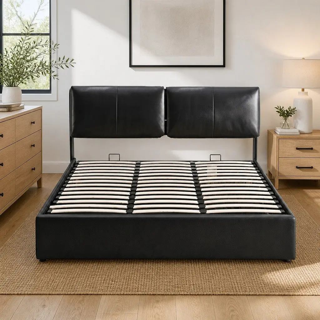 King Bed Frame Gas Lift Storage 3 Drawers Adjustable Headboard Platform Black