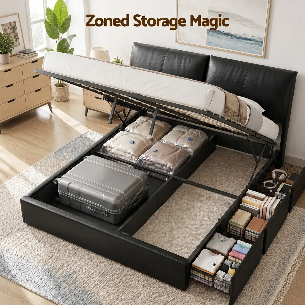 King Bed Frame Gas Lift Storage 3 Drawers Adjustable Headboard Platform Black