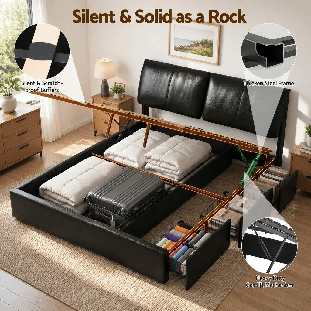 King Bed Frame Gas Lift Storage 3 Drawers Adjustable Headboard Platform Black