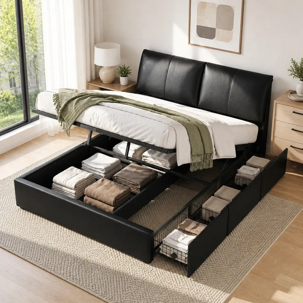 King Bed Frame Gas Lift Storage 3 Drawers Adjustable Headboard Platform Black