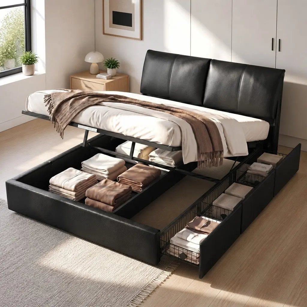 Queen Bed Frame Gas Lift Storage 3 Drawers Adjustable Headboard Platform Black