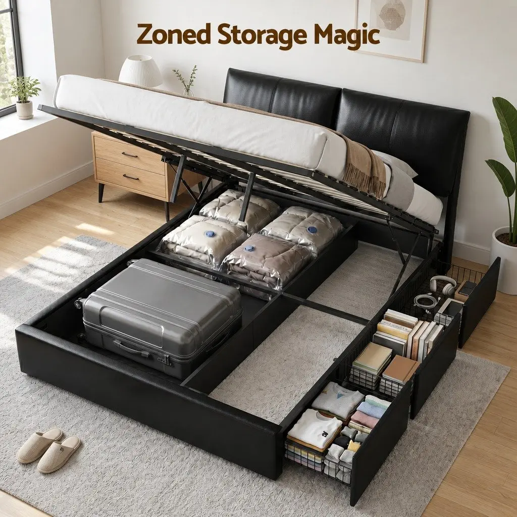 Queen Bed Frame Gas Lift Storage 3 Drawers Adjustable Headboard Platform Black