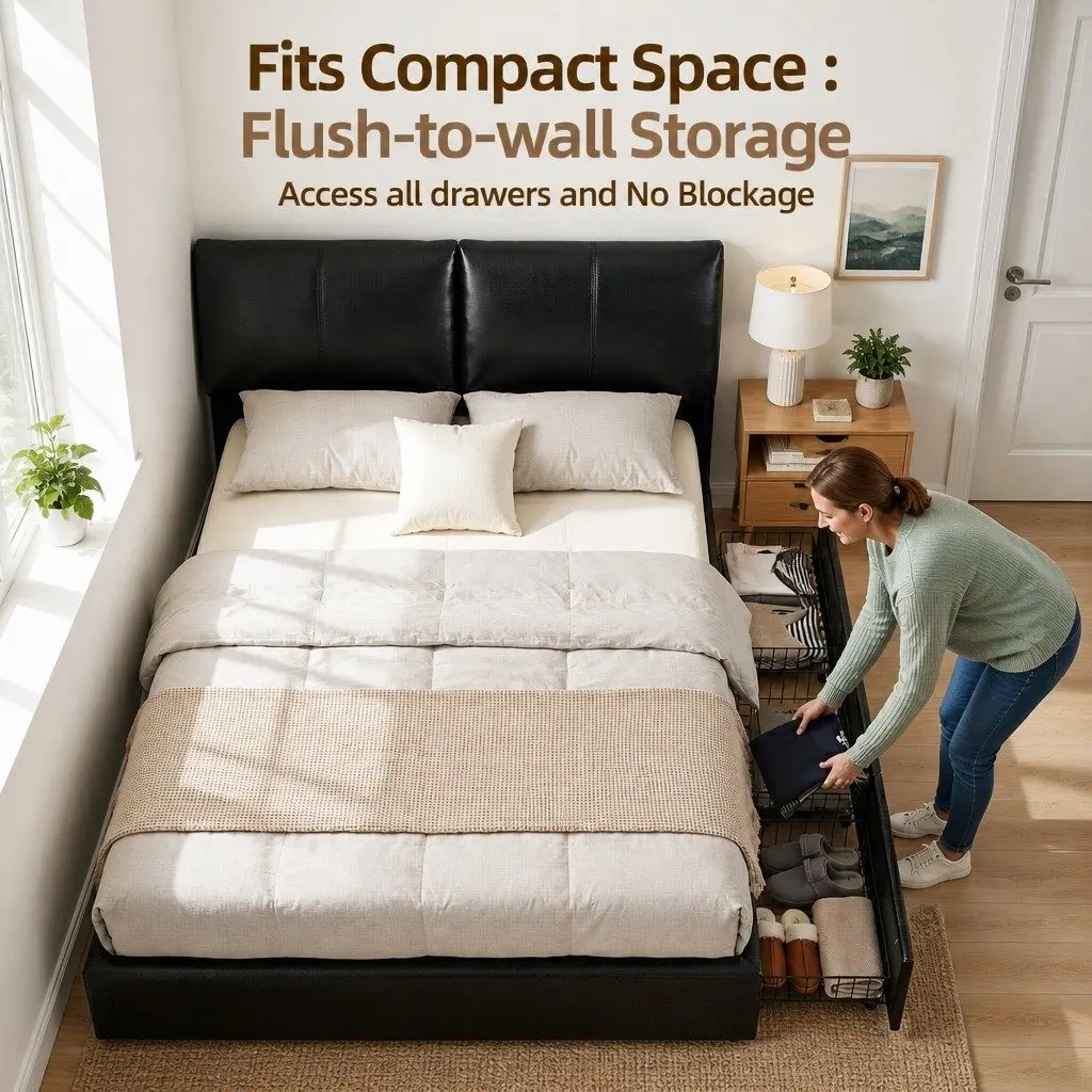 Queen Bed Frame Gas Lift Storage 3 Drawers Adjustable Headboard Platform Black