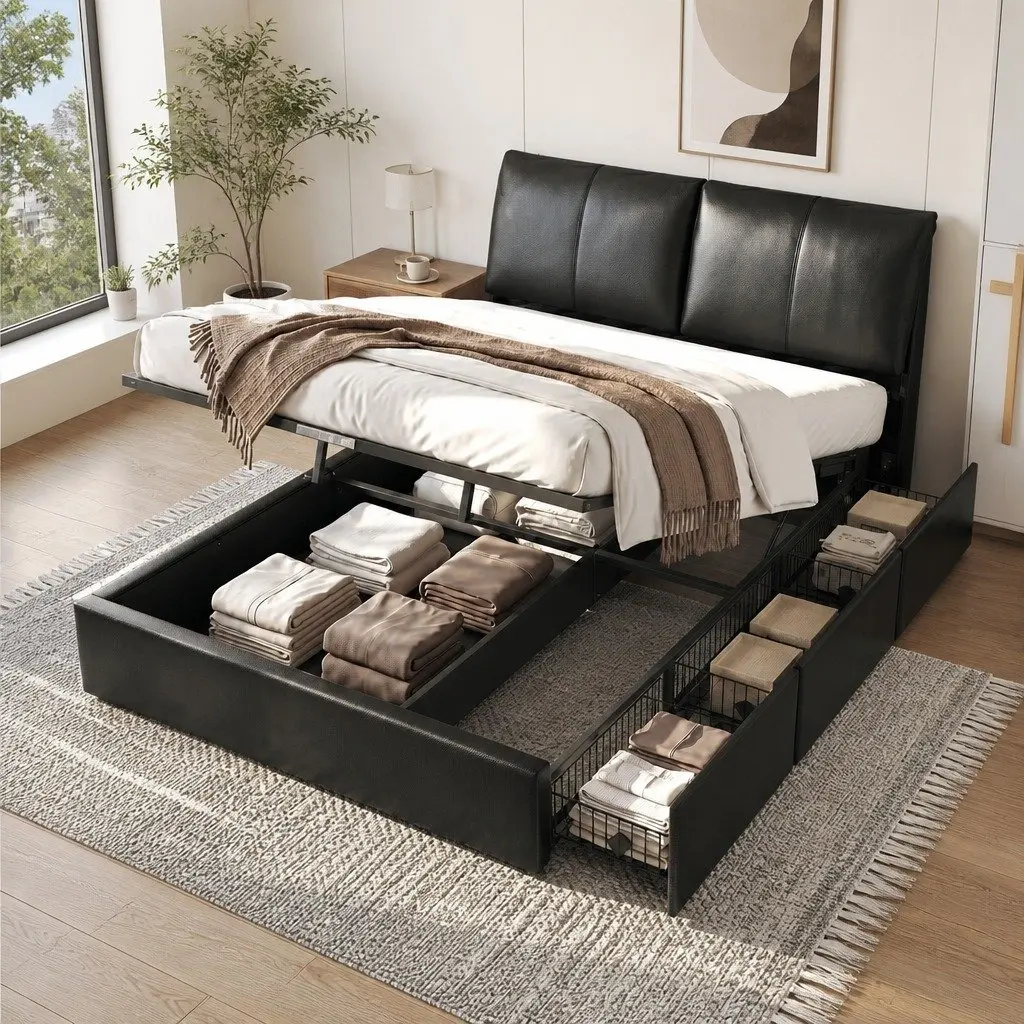Queen Bed Frame Gas Lift Storage 3 Drawers Adjustable Headboard Platform Black