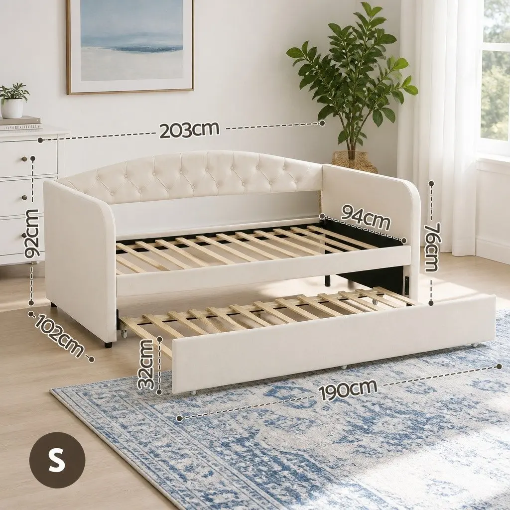 Single Daybed with Pull-Out Trundle Bed Frame Tufted Upholstered Guest Bed White