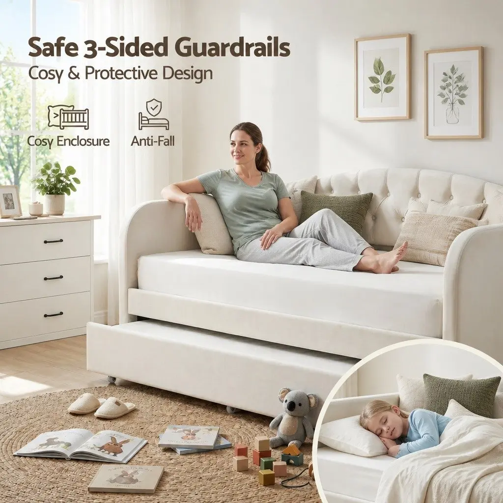 Single Daybed with Pull-Out Trundle Bed Frame Tufted Upholstered Guest Bed White