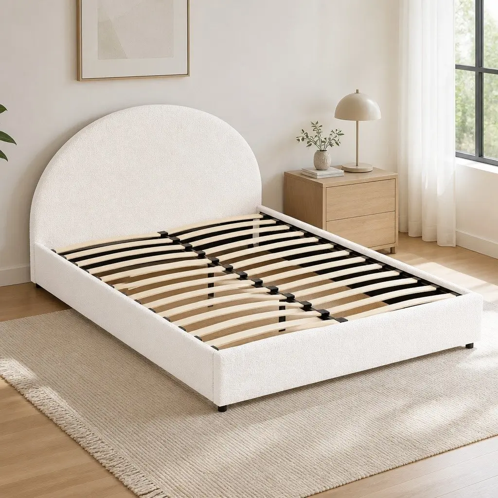 Double Bed Frame Gas Lift Storage Upholstered Boucle Fabric Beige 202cm L x 144cm W x 98cm H