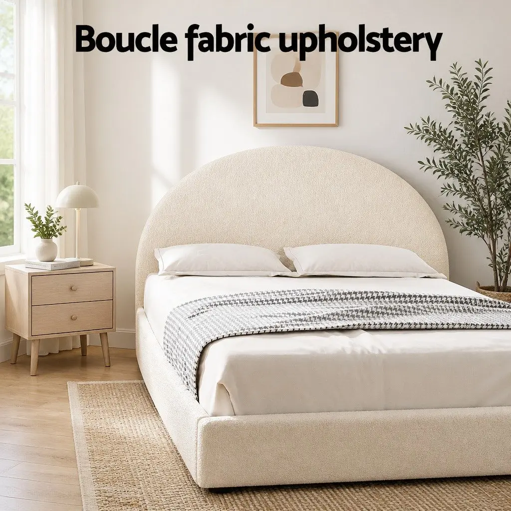 Double Bed Frame Gas Lift Storage Upholstered Boucle Fabric Beige 202cm L x 144cm W x 98cm H