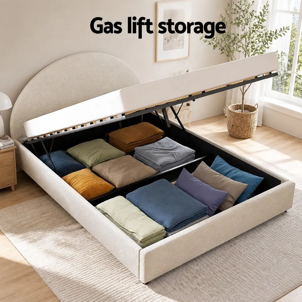 Double Bed Frame Gas Lift Storage Upholstered Boucle Fabric Beige 202cm L x 144cm W x 98cm H