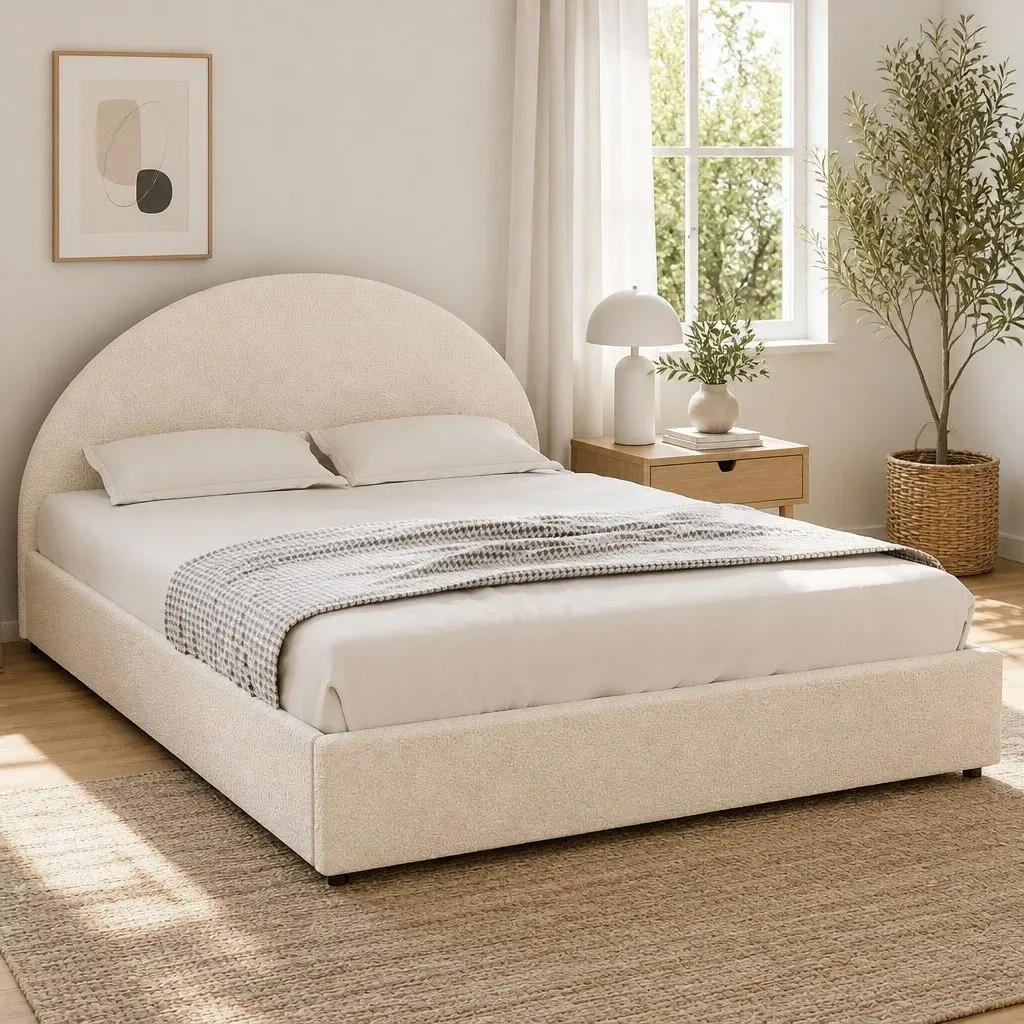 Double Bed Frame Gas Lift Storage Upholstered Boucle Fabric Beige 202cm L x 144cm W x 98cm H