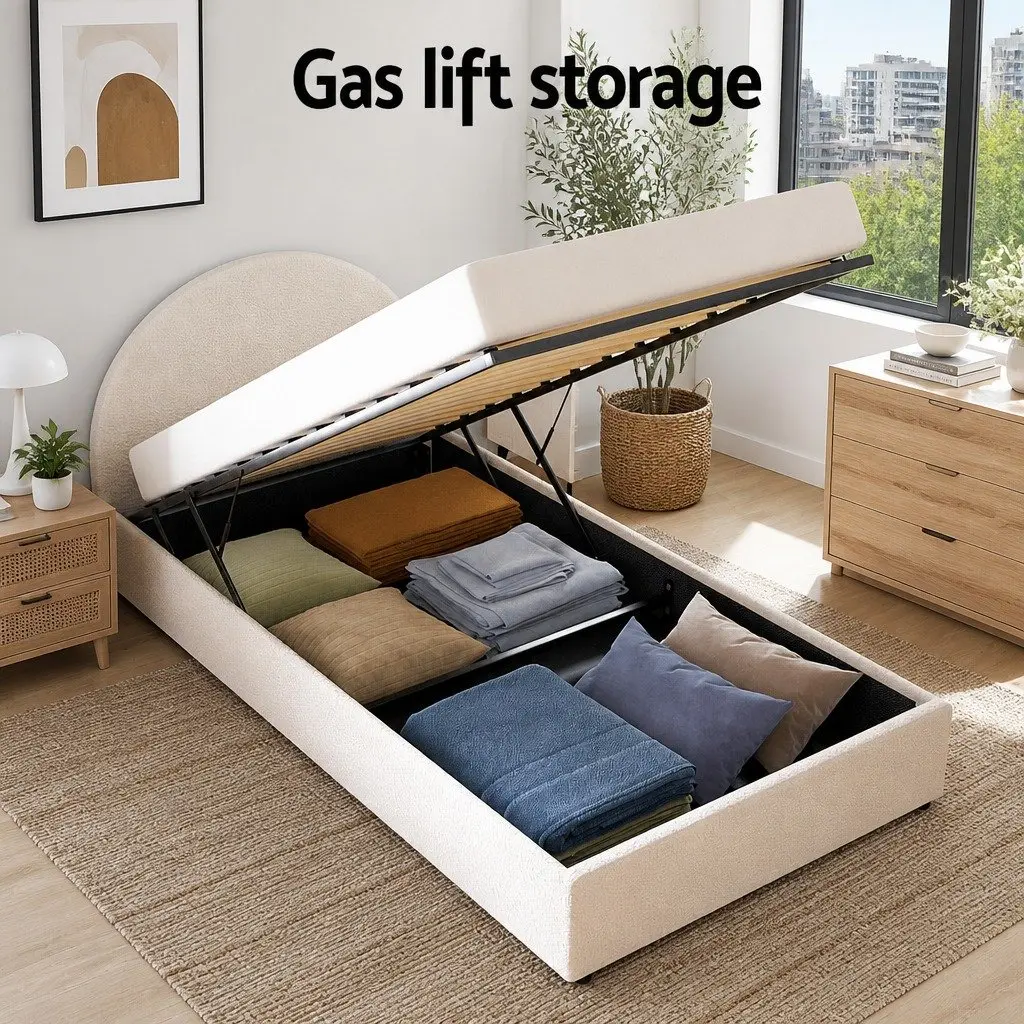 Gas Lift Storage Bed Frame King Single Boucle Upholstered Beige Padded