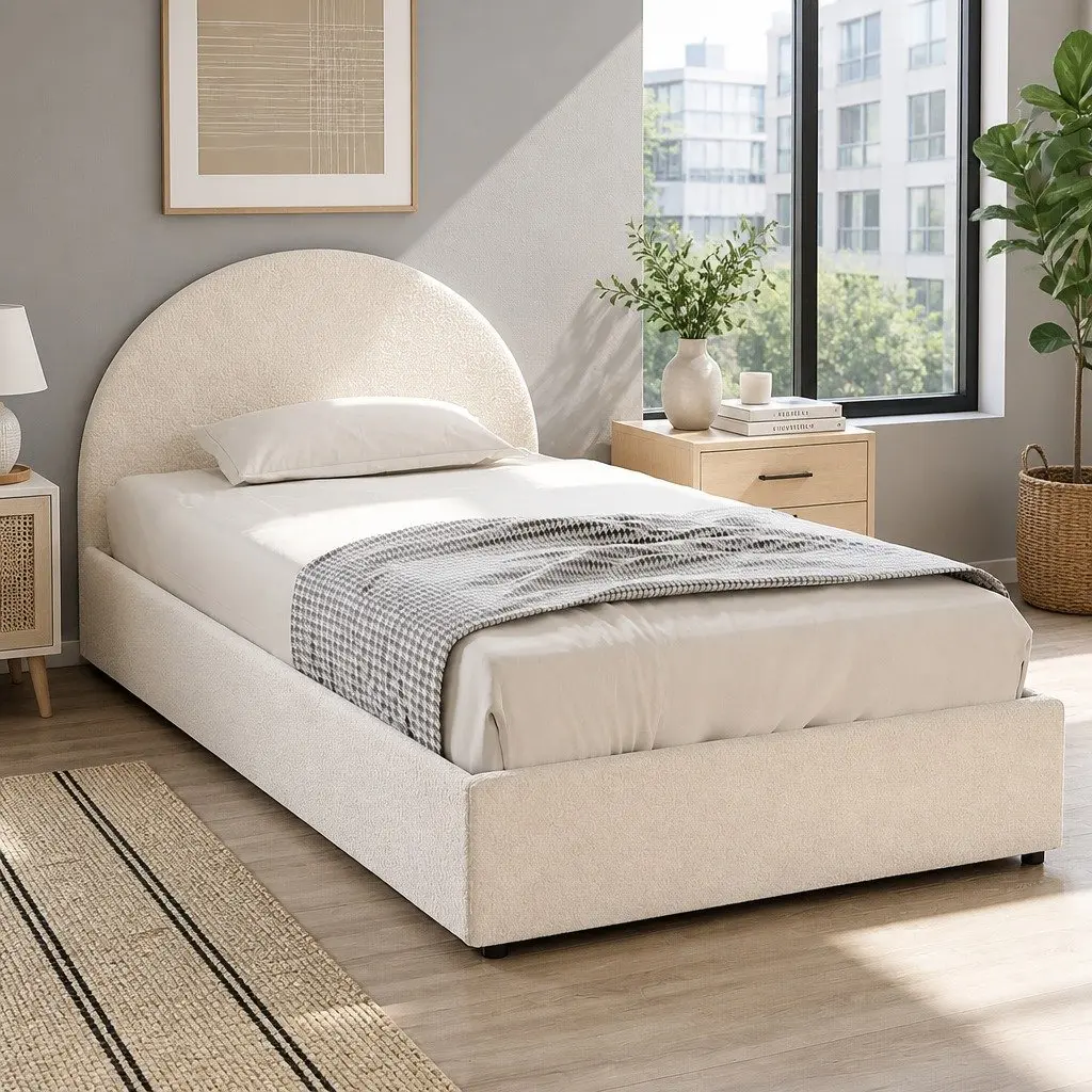 Gas Lift Storage Bed Frame King Single Boucle Upholstered Beige Padded
