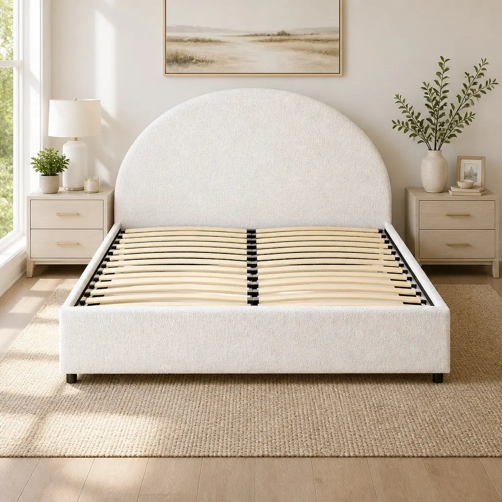 Queen Gas Lift Storage Bed Frame Upholstered Boucle Fabric Padded Beige