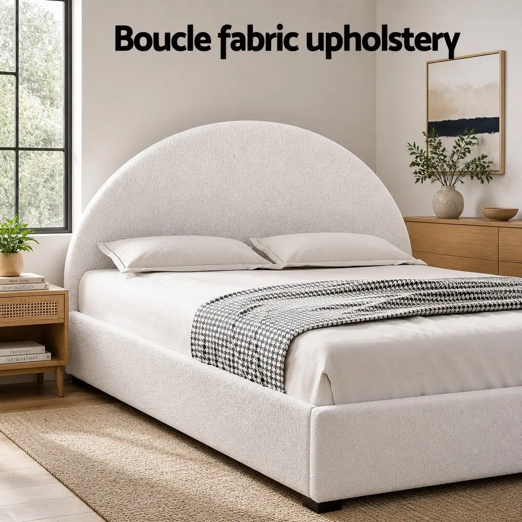 Queen Gas Lift Storage Bed Frame Upholstered Boucle Fabric Padded Beige