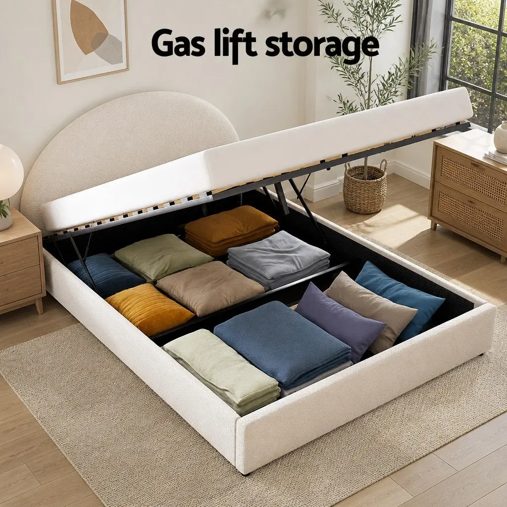 Queen Gas Lift Storage Bed Frame Upholstered Boucle Fabric Padded Beige