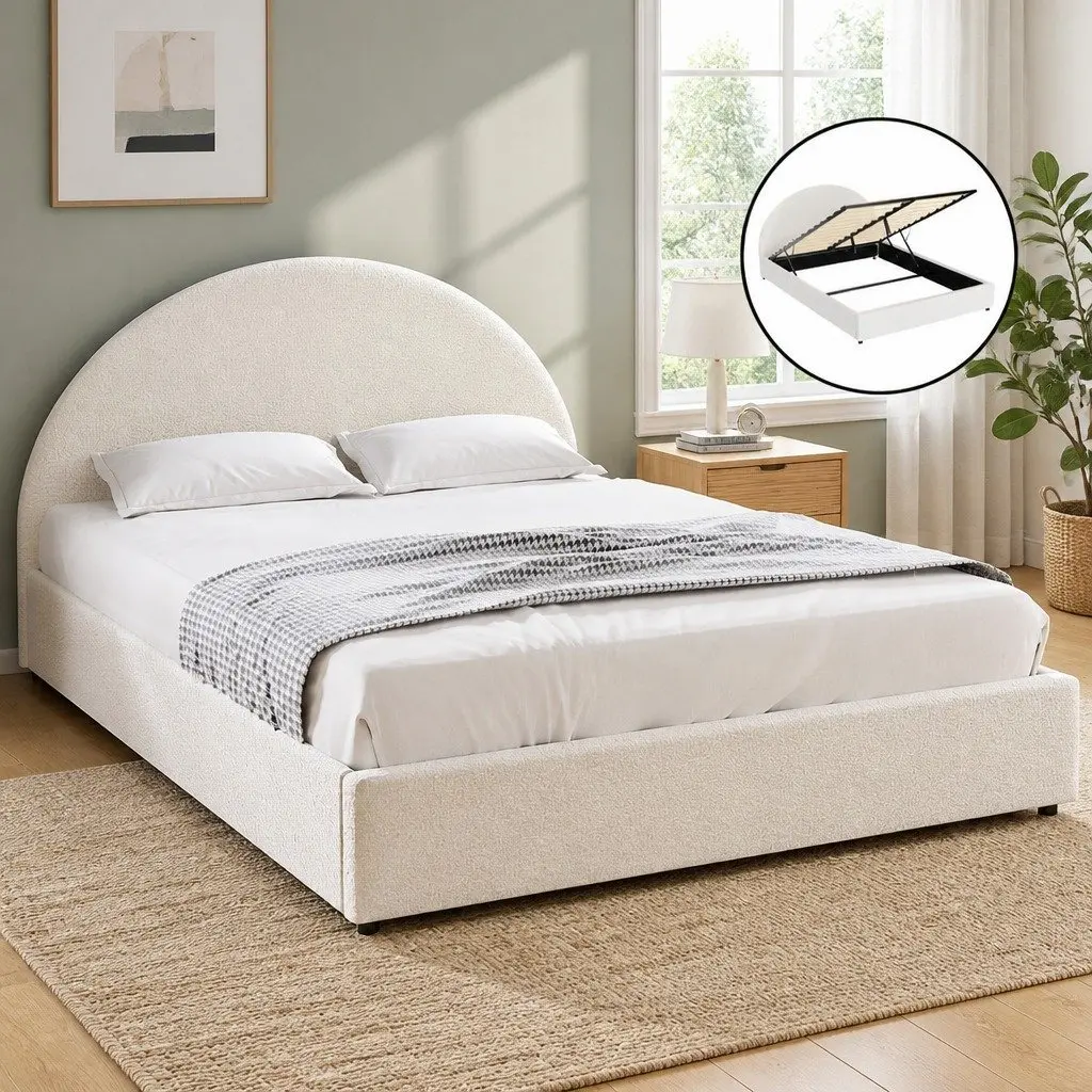 Queen Gas Lift Storage Bed Frame Upholstered Boucle Fabric Padded Beige