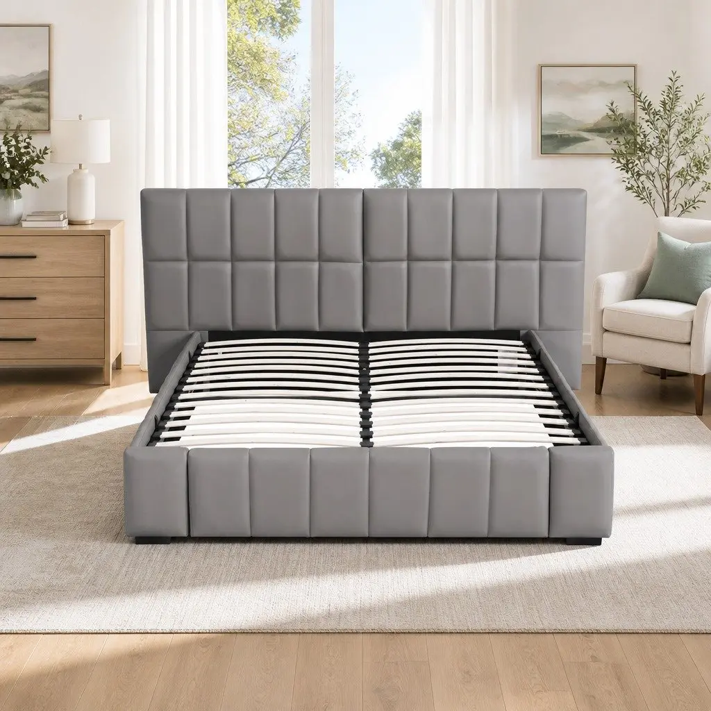 Double Bed Frame Upholstered Space Saving Gas Lift Storage Grey with Foldable Bench