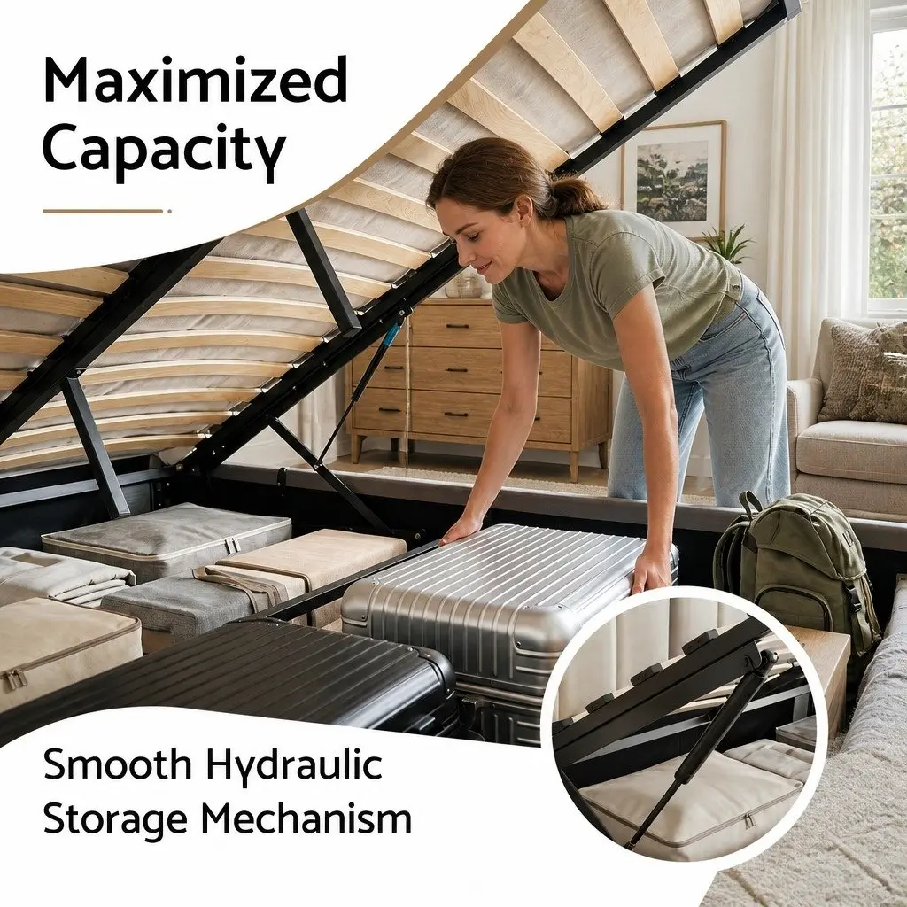 Double Bed Frame Upholstered Space Saving Gas Lift Storage Grey with Foldable Bench