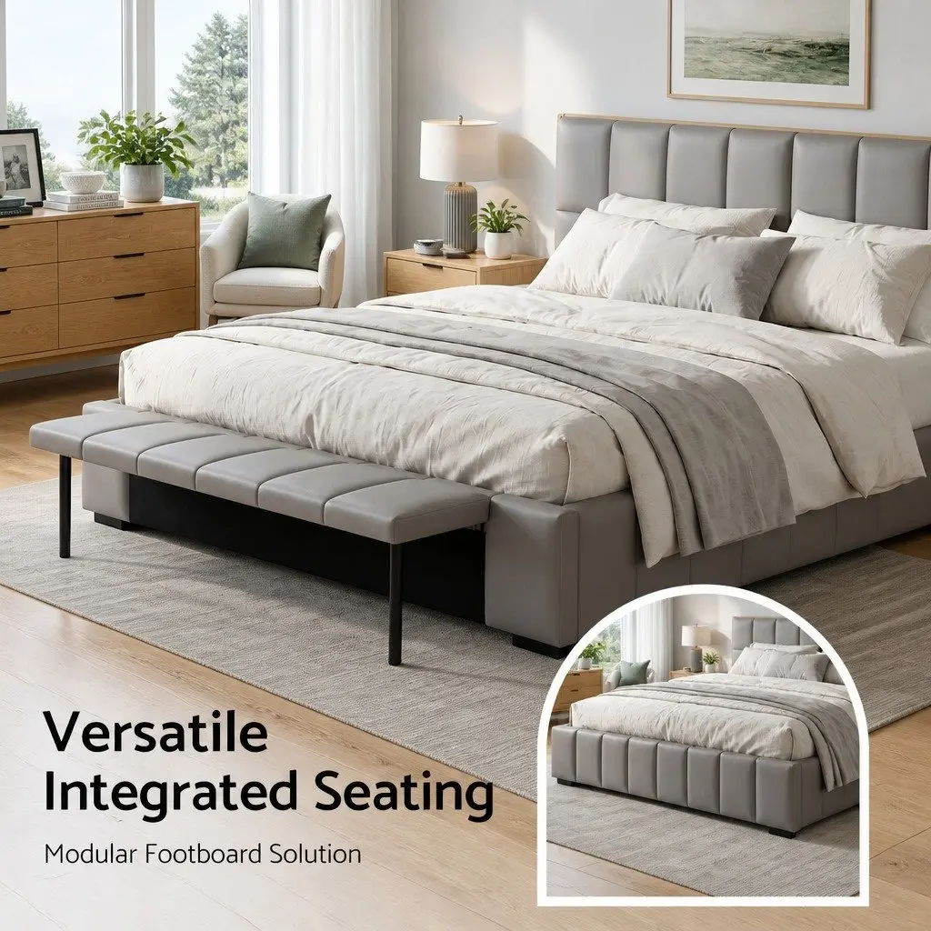 Double Bed Frame Upholstered Space Saving Gas Lift Storage Grey with Foldable Bench