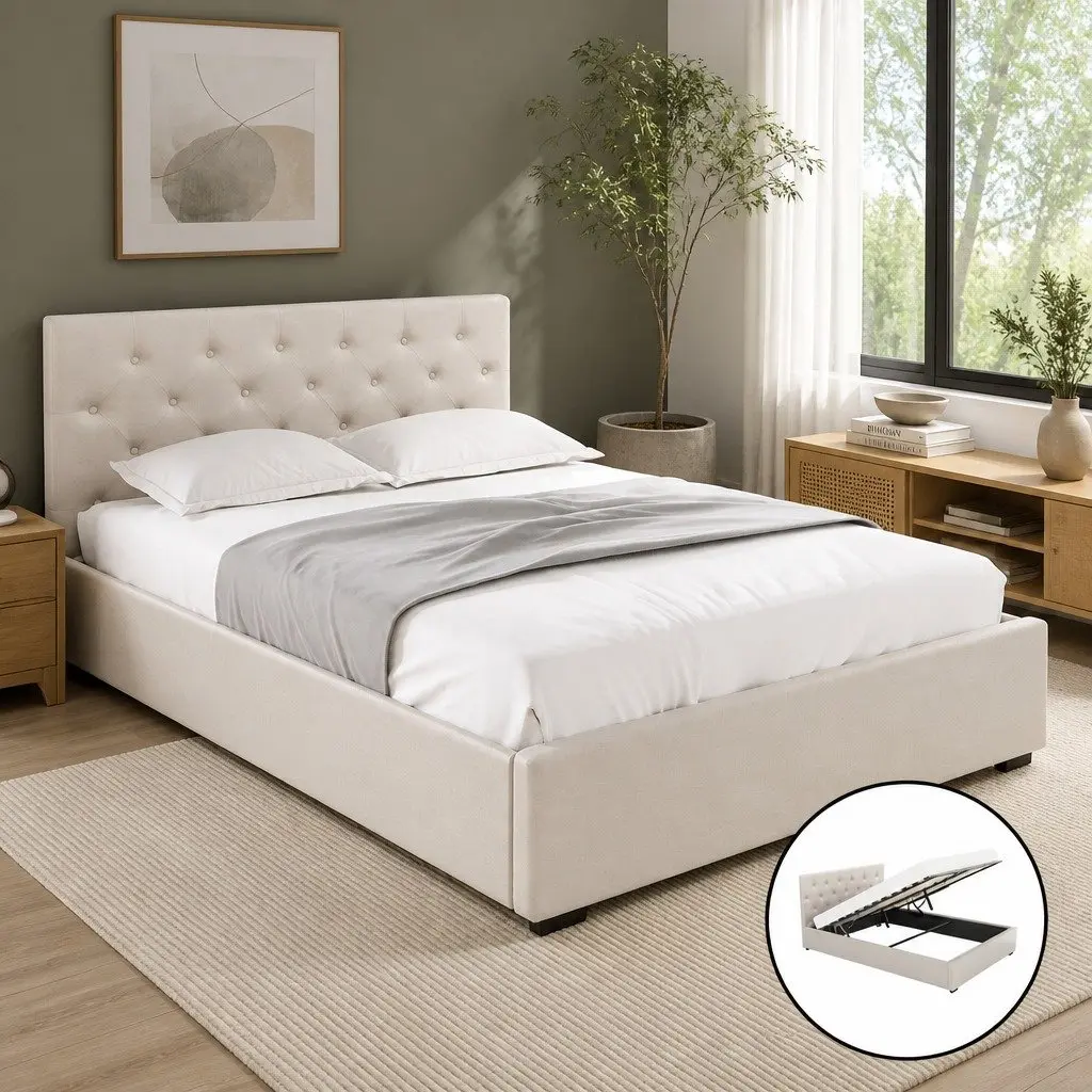 Double Bed Frame Gas Lift Storage 203cm x 144cm x 99cm Beige Upholstered