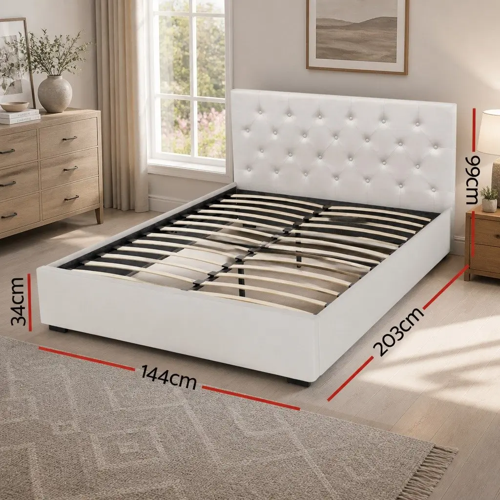 Double Bed Frame Gas Lift Storage 203cm x 144cm x 99cm Beige Upholstered