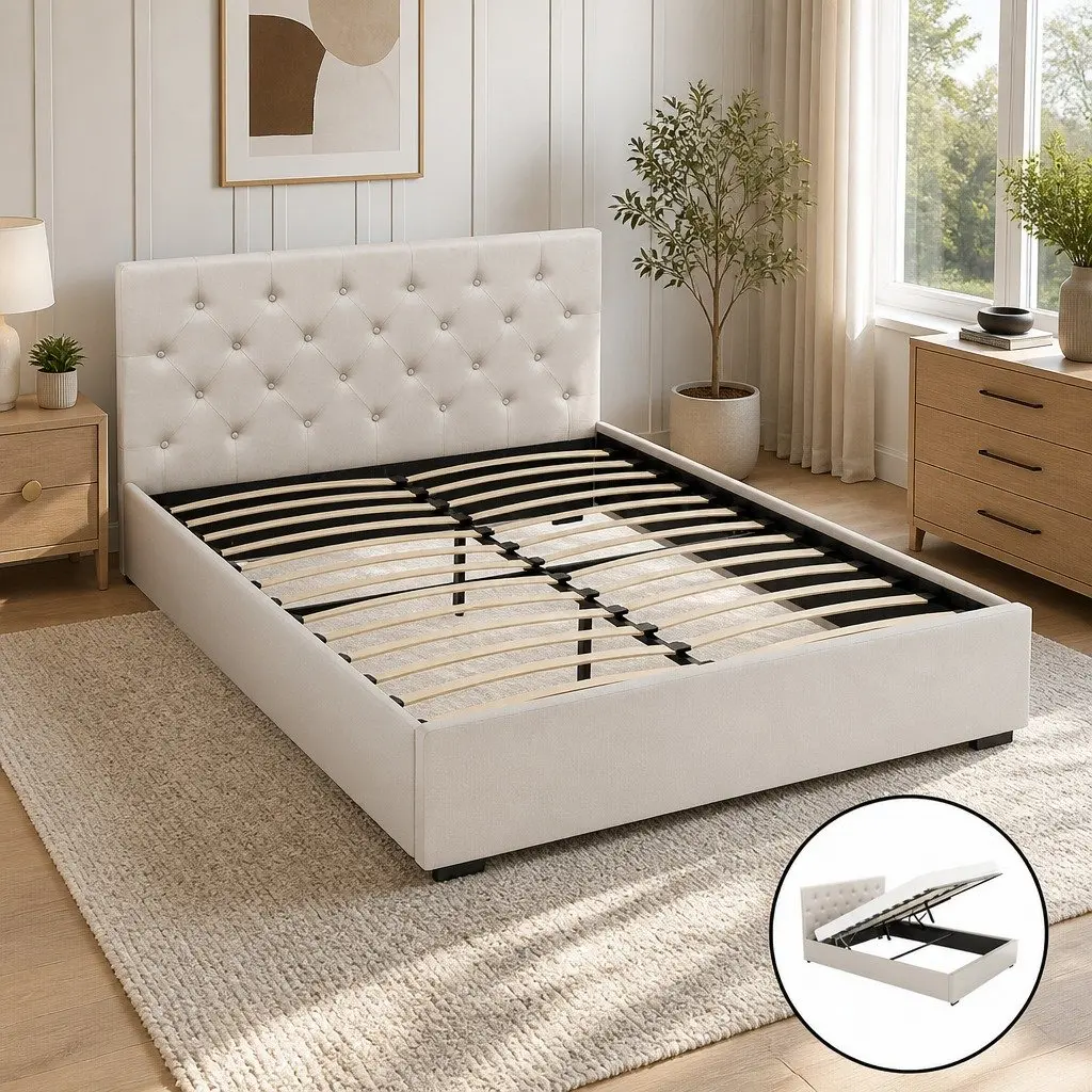 Double Bed Frame Gas Lift Storage 203cm x 144cm x 99cm Beige Upholstered