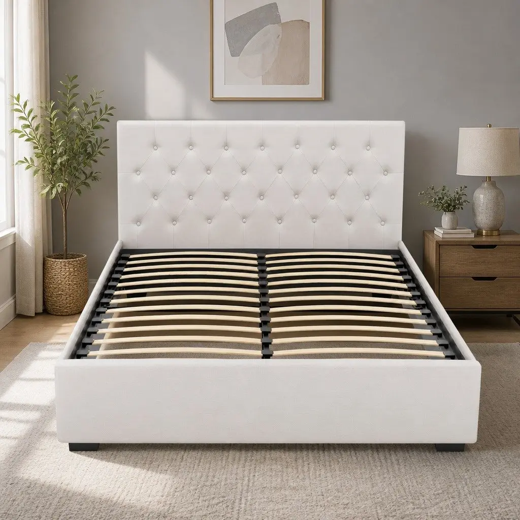 Queen Size Gas Lift Storage Bed Frame Upholstered Beige