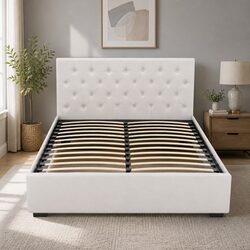 Queen Size Gas Lift Storage Bed Frame Beige Upholstered Bedroom Furniture