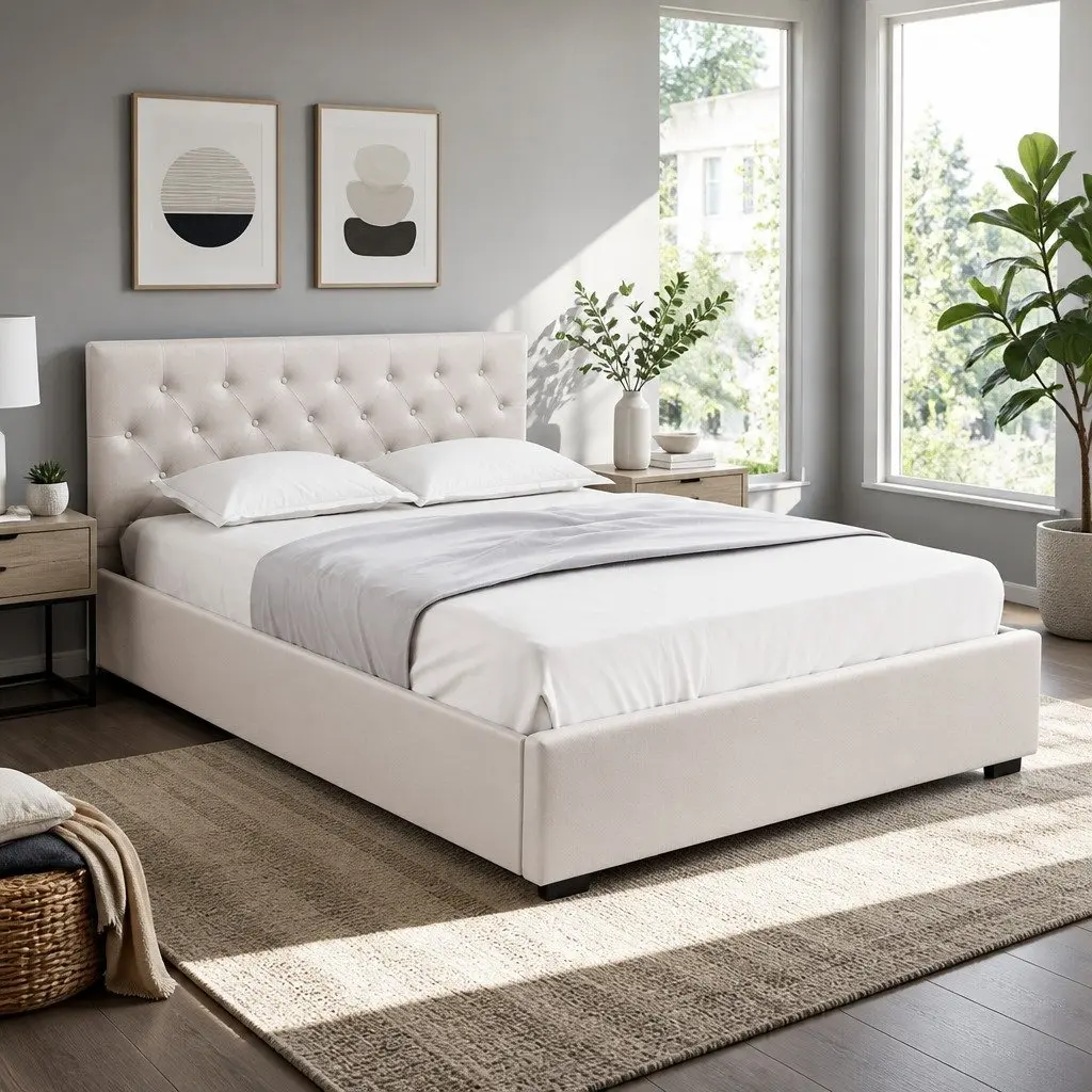 Queen Size Gas Lift Storage Bed Frame Upholstered Beige