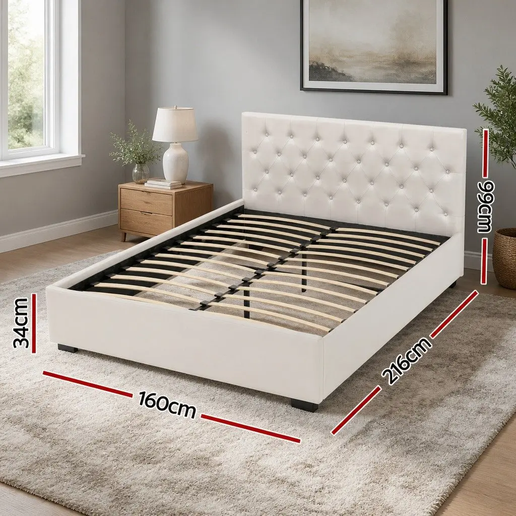 Queen Size Gas Lift Storage Bed Frame Upholstered Beige