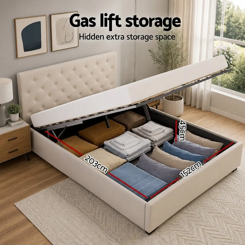 Queen Size Gas Lift Storage Bed Frame Upholstered Beige