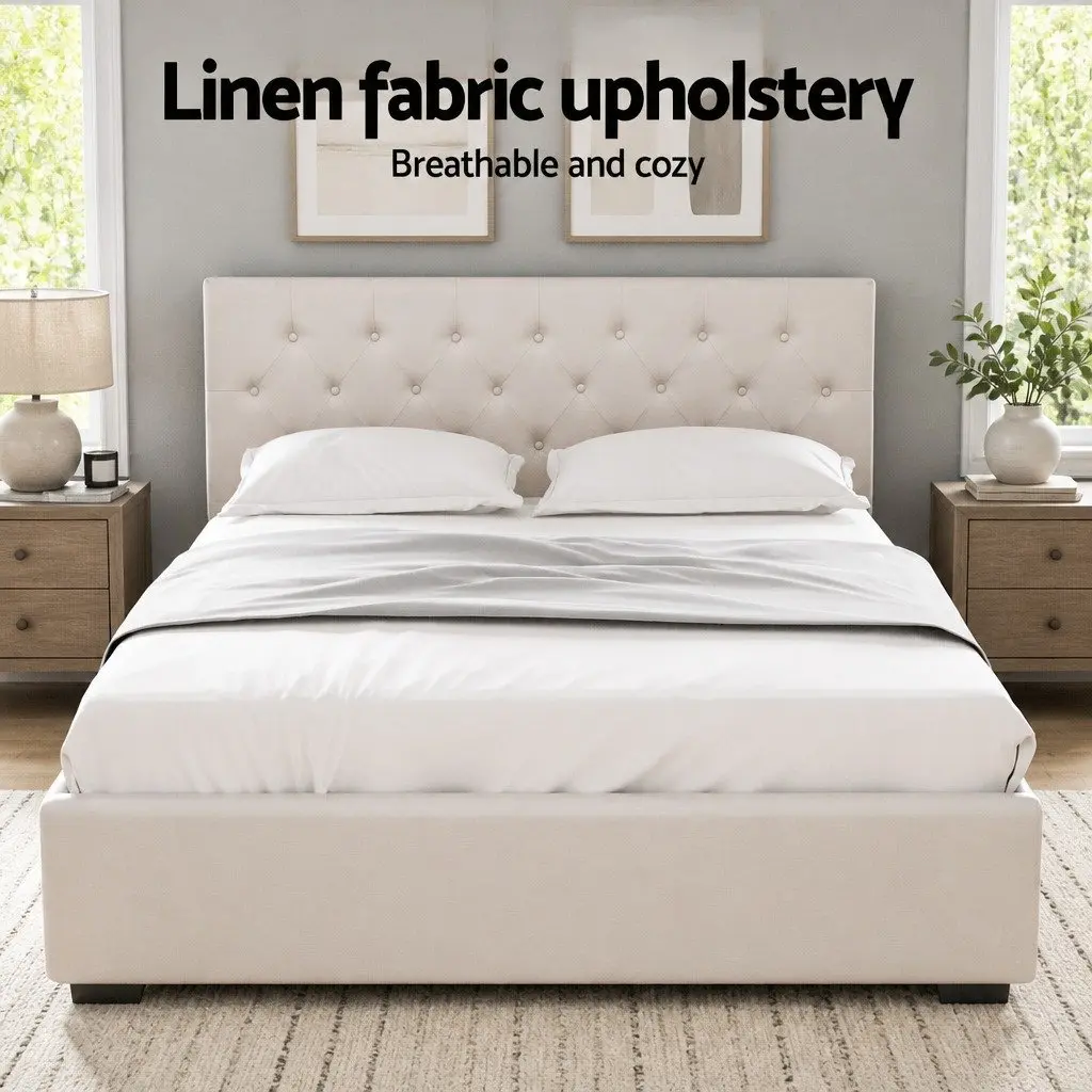 Queen Size Gas Lift Storage Bed Frame Upholstered Beige
