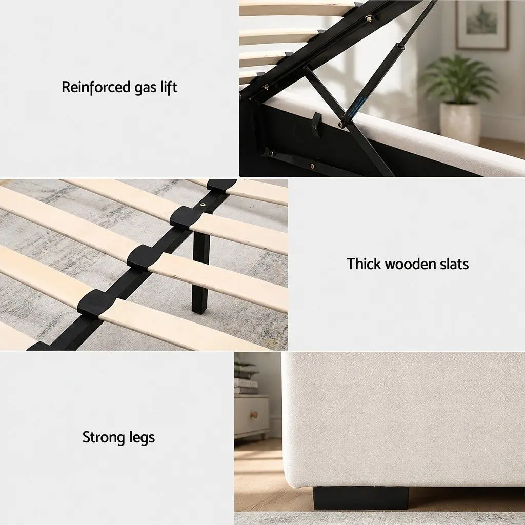 Queen Size Gas Lift Storage Bed Frame Upholstered Beige
