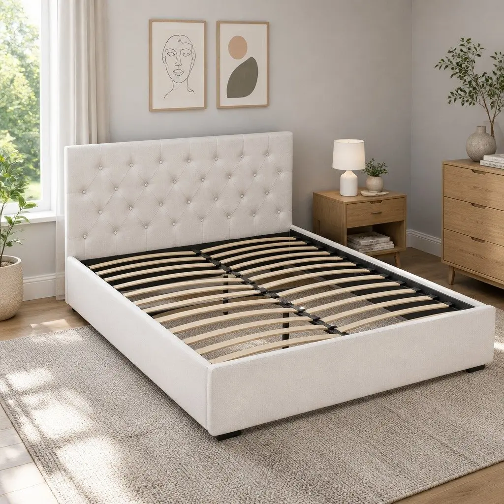 Queen Size Gas Lift Storage Bed Frame Upholstered Beige