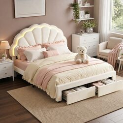 Double Bed Frame with Storage Drawers LED Headboard Upholstered Platform Bedroom