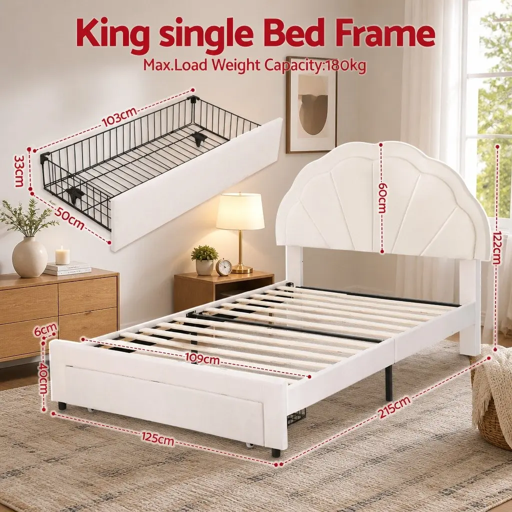 King Single Bed Frame Upholstered with Storage Drawer LED Headboard White