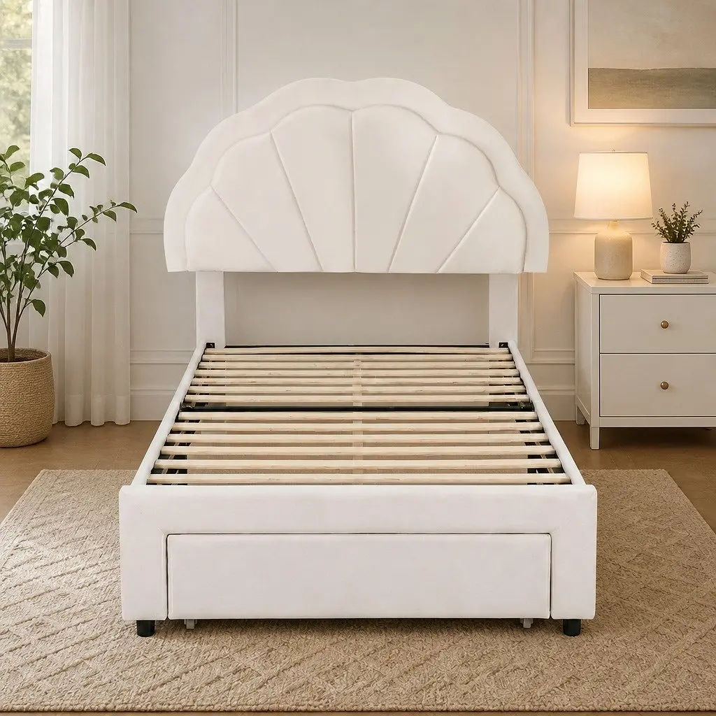 King Single Bed Frame Upholstered with Storage Drawer LED Headboard White