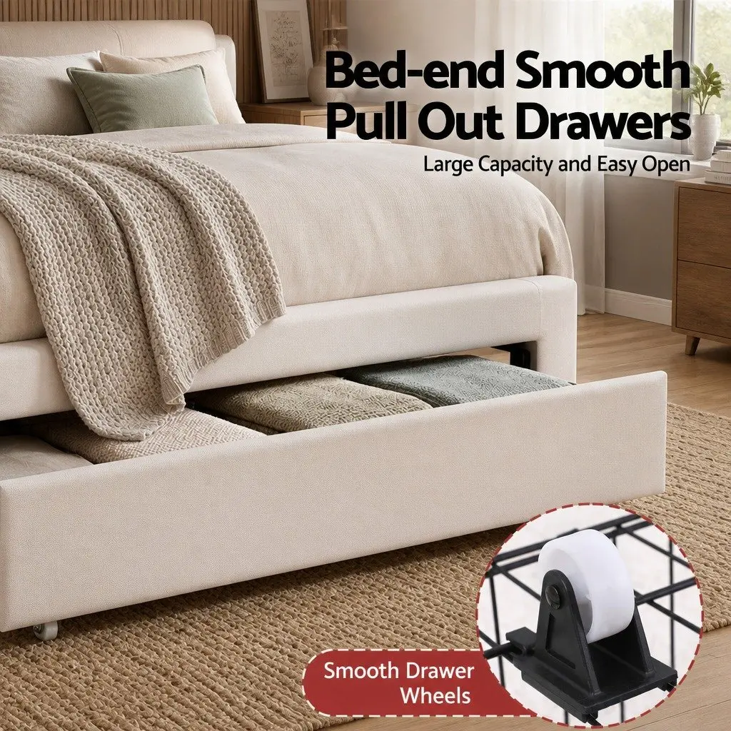 King Single Bed Frame Upholstered with Storage Drawer LED Headboard White