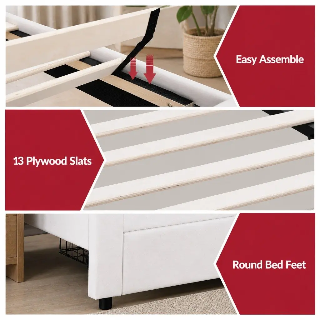 King Single Bed Frame Upholstered with Storage Drawer LED Headboard White