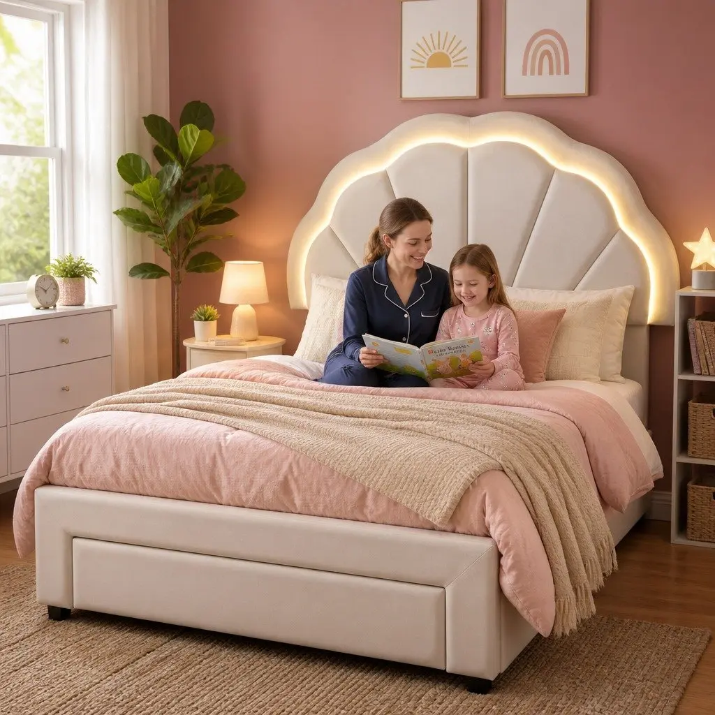 King Single Bed Frame Upholstered with Storage Drawer LED Headboard White