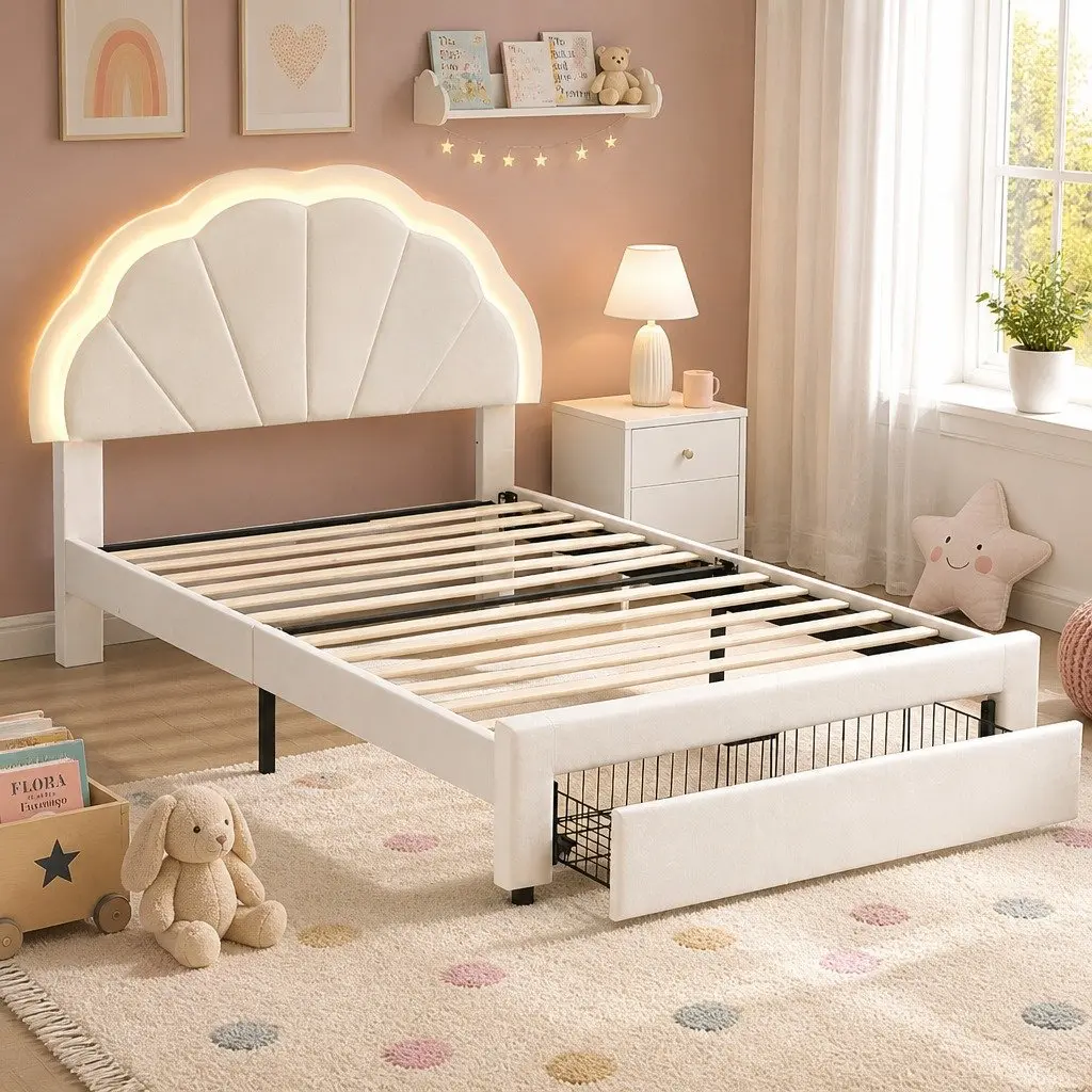 King Single Bed Frame Upholstered with Storage Drawer LED Headboard White